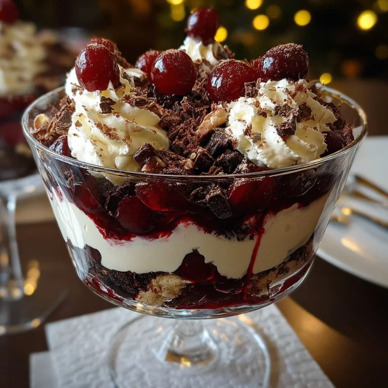 Delicious Black Forest Trifle dessert made with chocolate cake, cherries, and whipped cream.