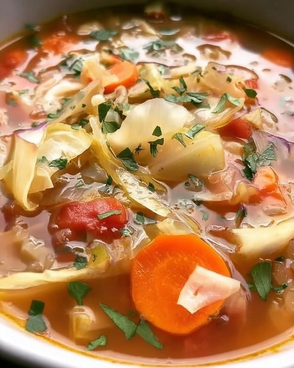 Bowl of healthy homemade cabbage soup with fresh vegetables and herbs