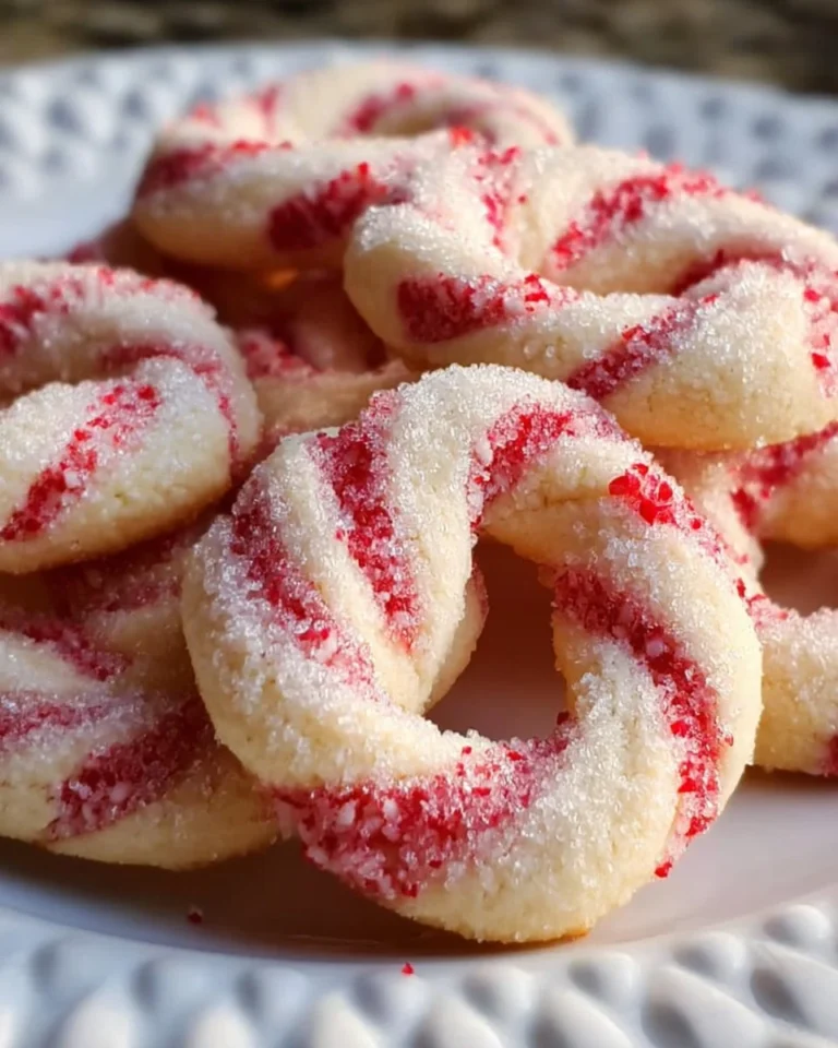 Plate of festive Candy Cane Cookies decorated with red and white icing.