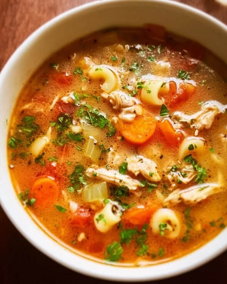Bowl of homemade chicken soup with vegetables and herbs for comfort food