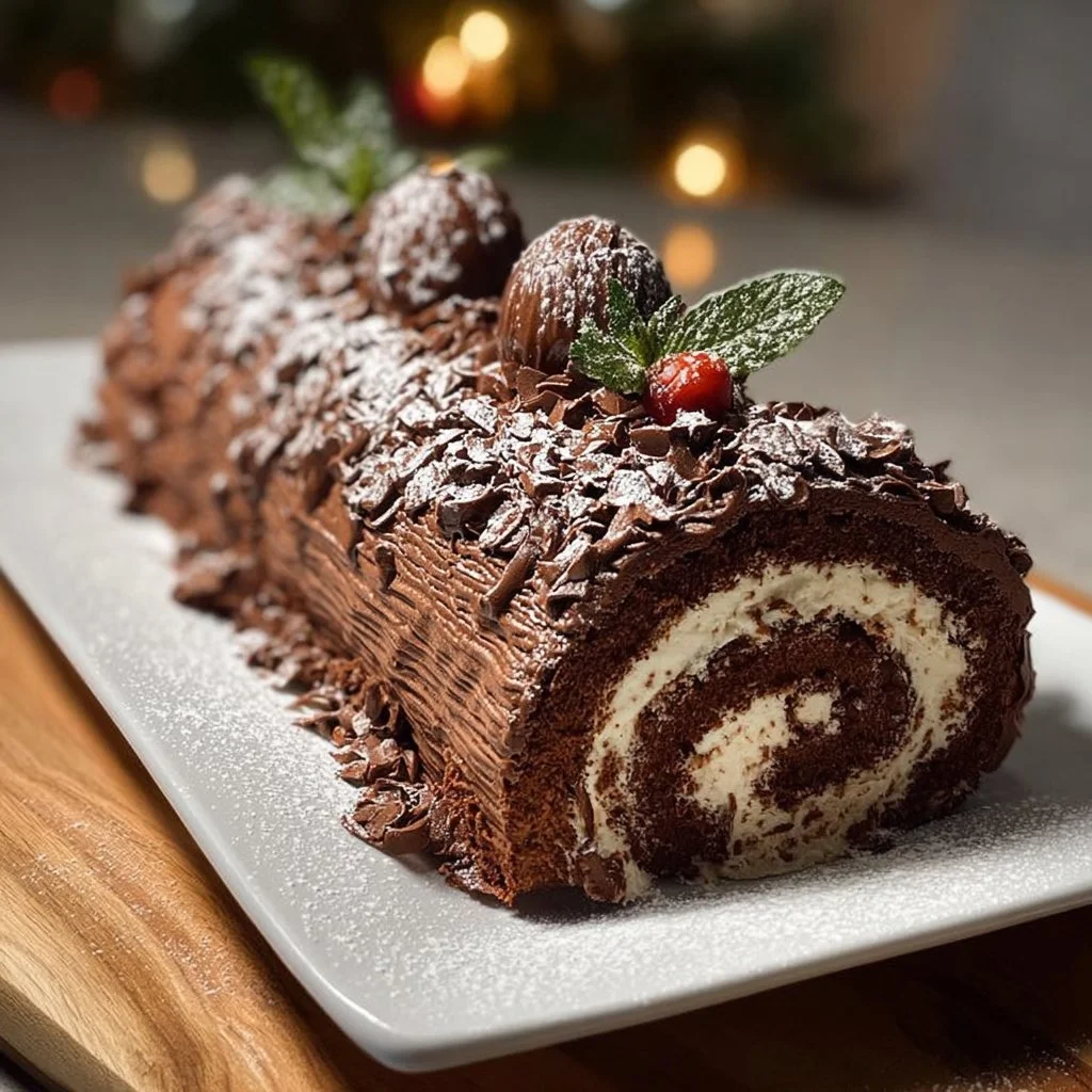 Delicious chocolate yule log cake decorated with festive sprinkles for Christmas