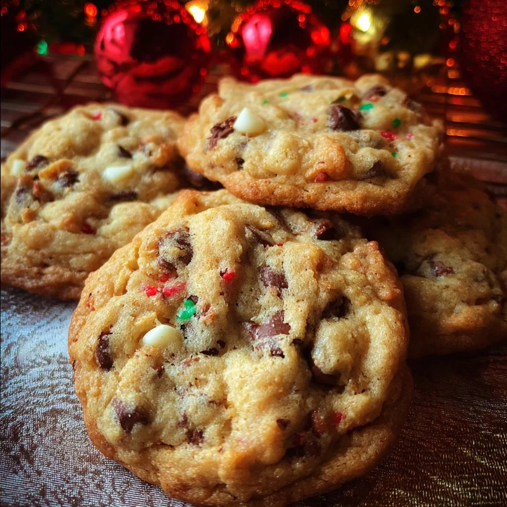 Freshly baked Christmas chocolate chip cookies on a festive plate