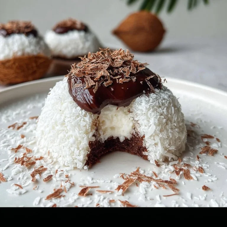 Coconut dome dessert topped with creamy chocolate spread