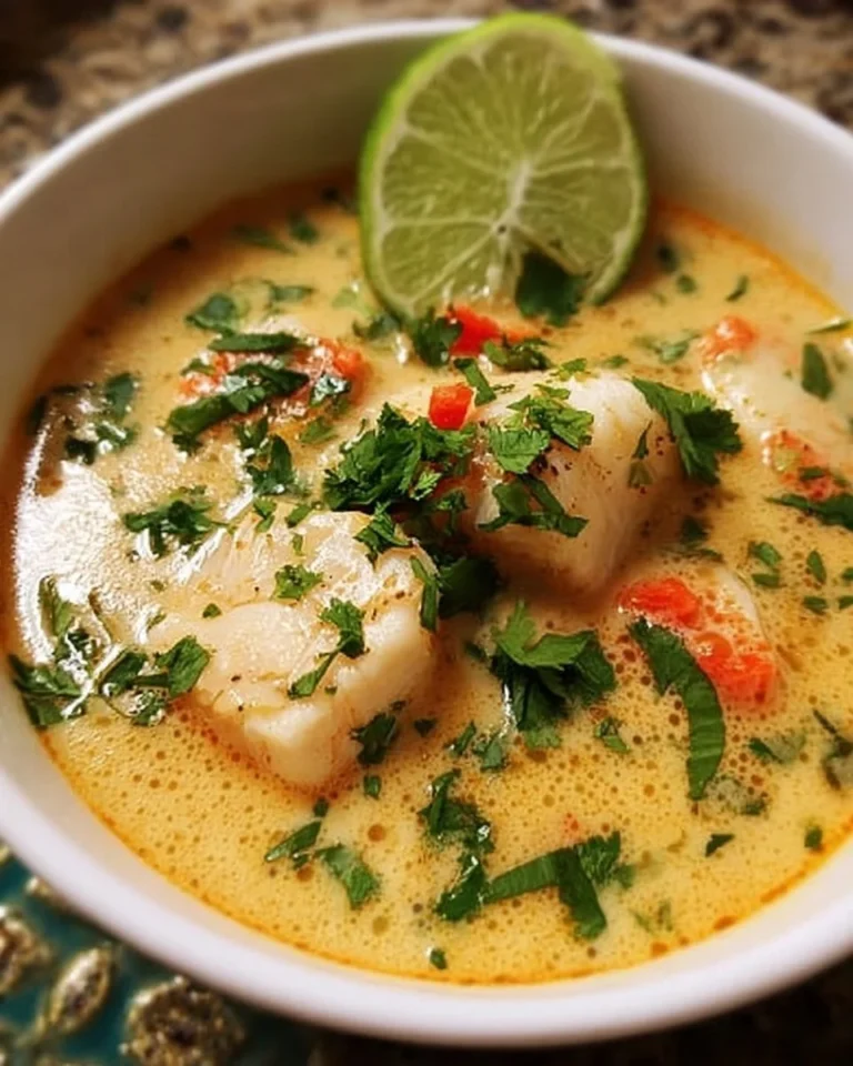 Coconut Lime Fish Soup in a bowl, garnished with fresh herbs and lime.