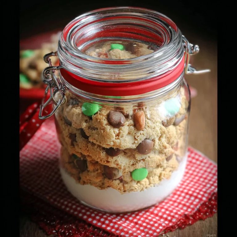 Homemade cookie mix in a jar with ingredients and a cute label.