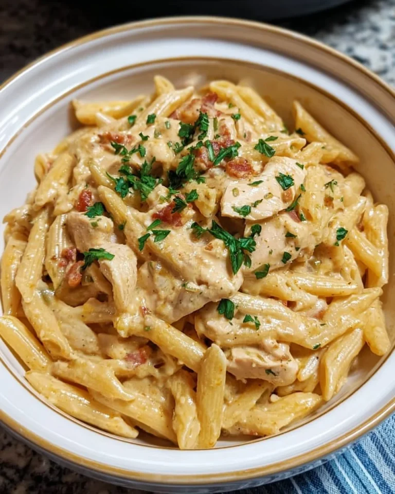 Crock Pot Creamy Cajun Chicken Pasta dish served with herbs