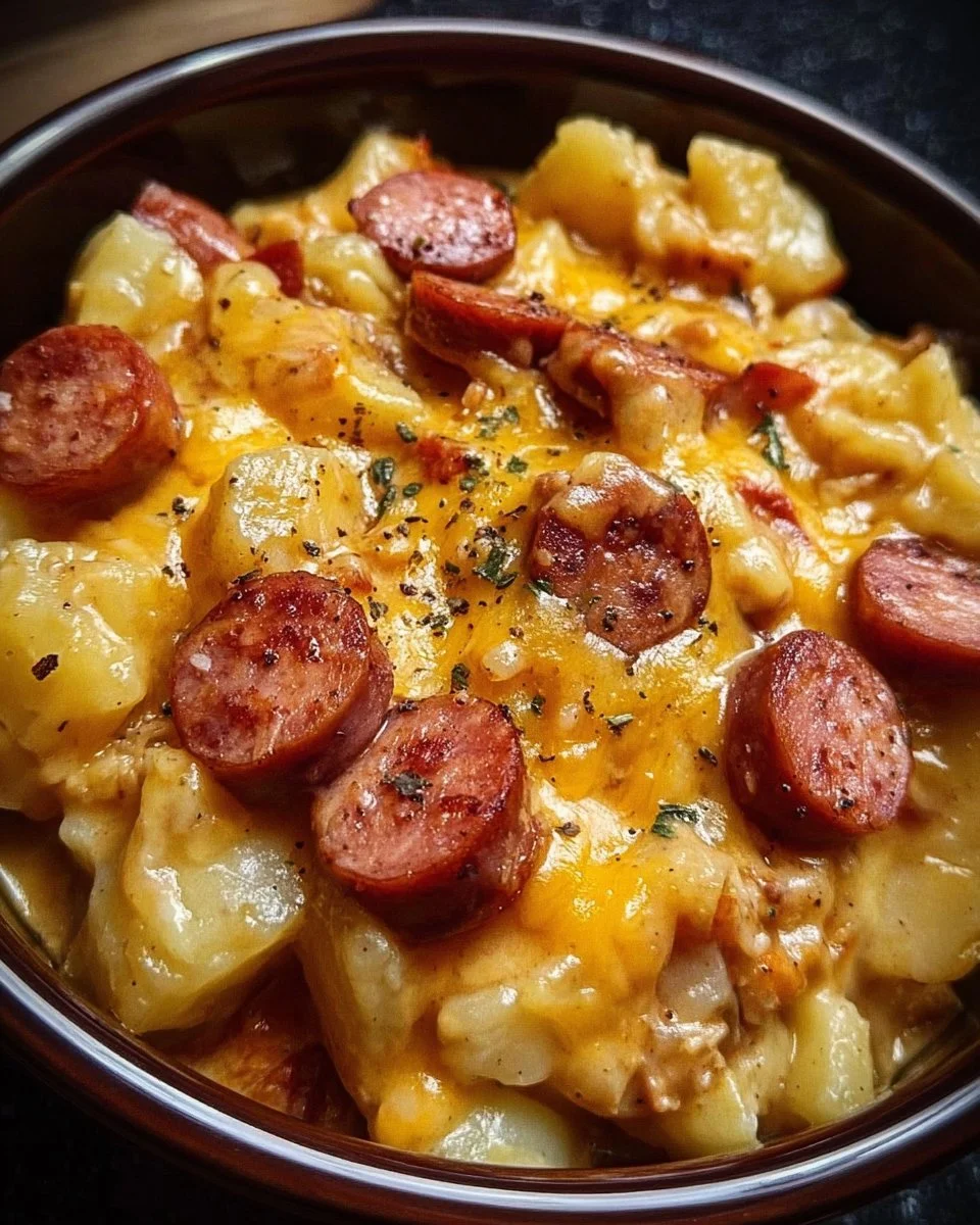 Crockpot cheesy potatoes with kielbasa, a creamy and comforting dish.