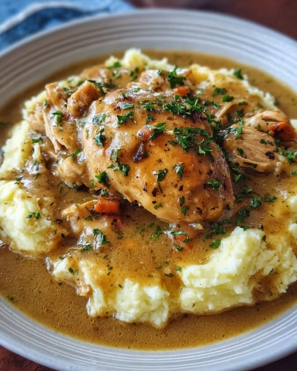 Crockpot Chicken and Gravy served with mashed potatoes on a plate