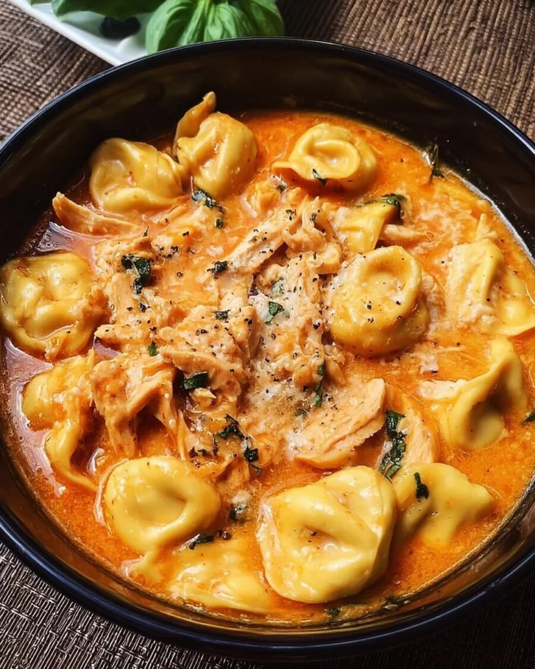Bowl of CrockPot Chicken Tortellini garnished with herbs