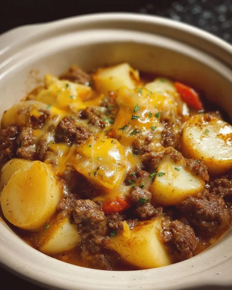 Crockpot Hamburger Potato Casserole ready to serve with a delicious topping