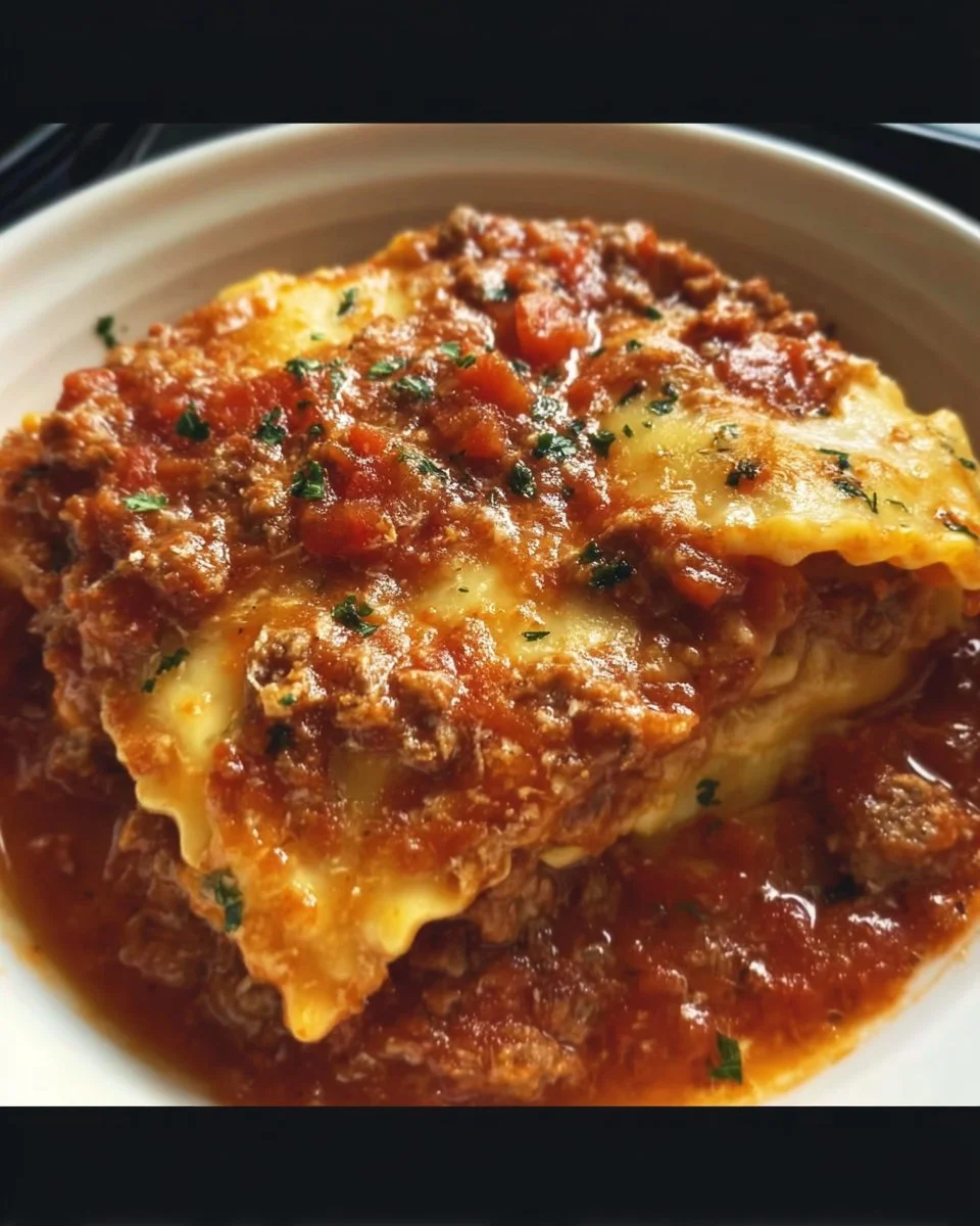Crockpot ravioli lasagna served in a dish with melted cheese and herbs
