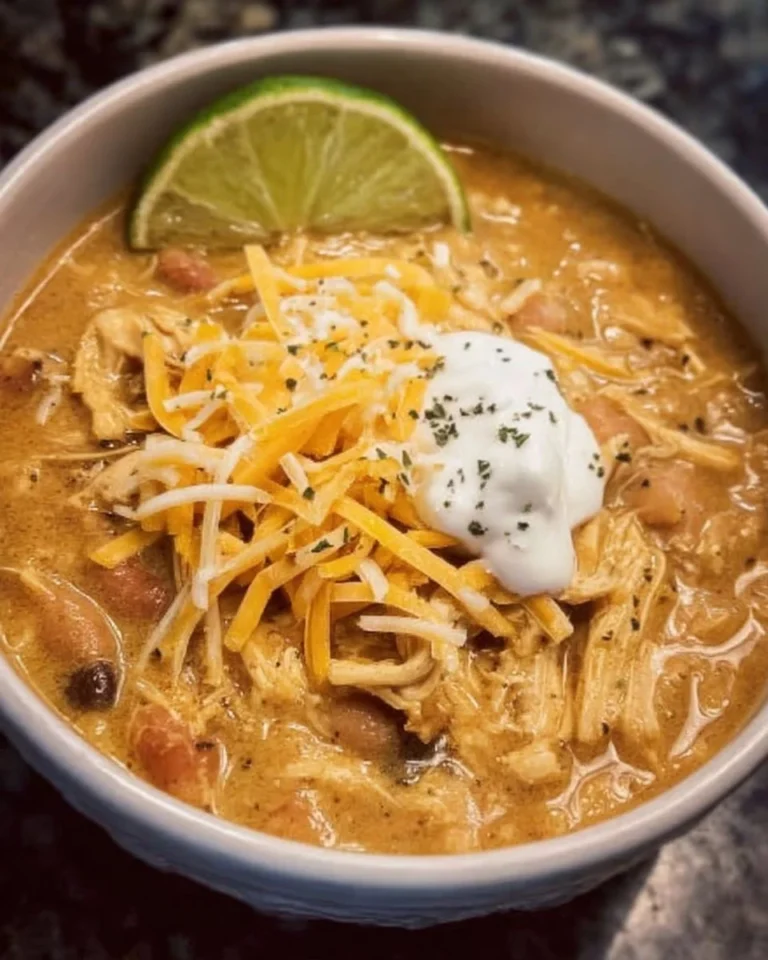 Crockpot White Chicken Chili with Cream Cheese garnished with cilantro
