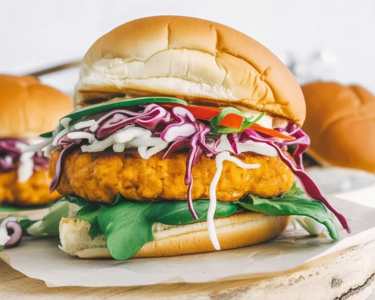 Delicious Yummy Salmon Burgers topped with creamy coleslaw on a toasted bun.