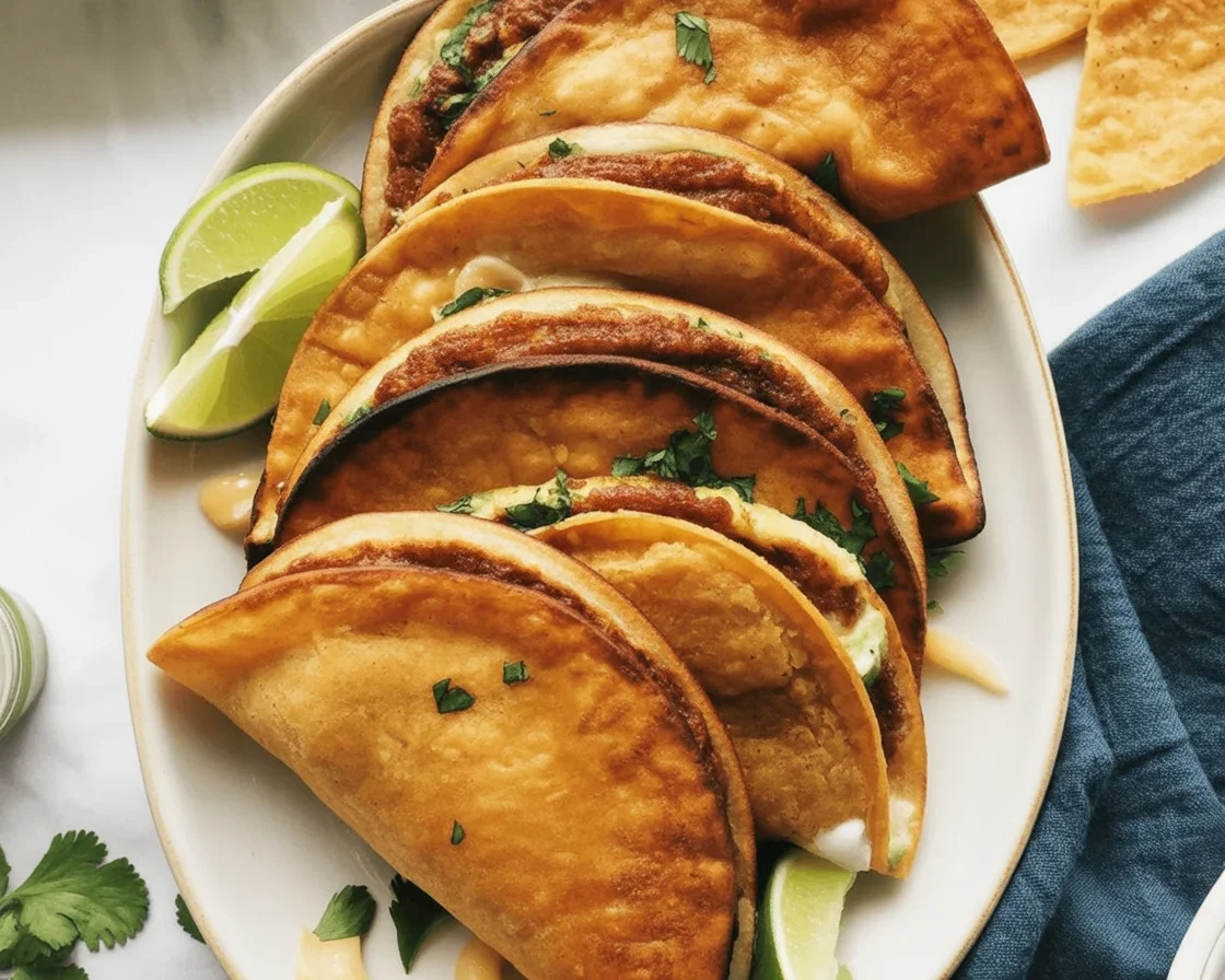Crispy Black Bean Tacos served with Cilantro Lime Sauce and fresh toppings.