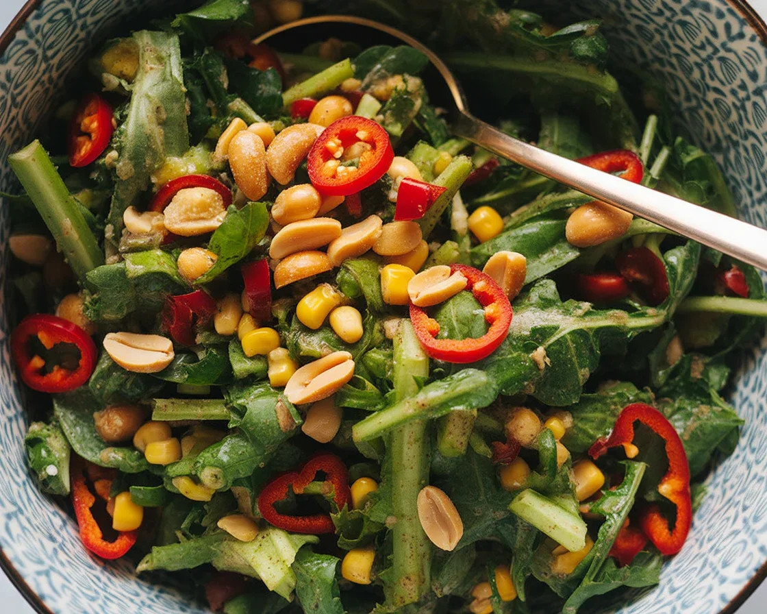 Bowl of Roasted Peanut Kale Crunch Salad with fresh kale, peanuts, and vibrant herbs.