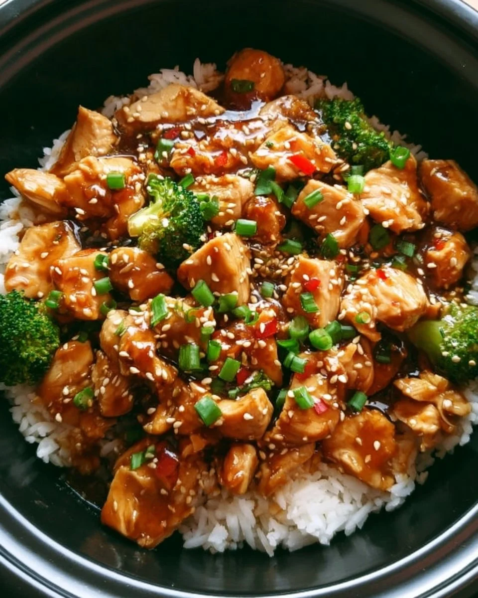 Delicious Dump and Go Crockpot Teriyaki Chicken dish ready to serve.