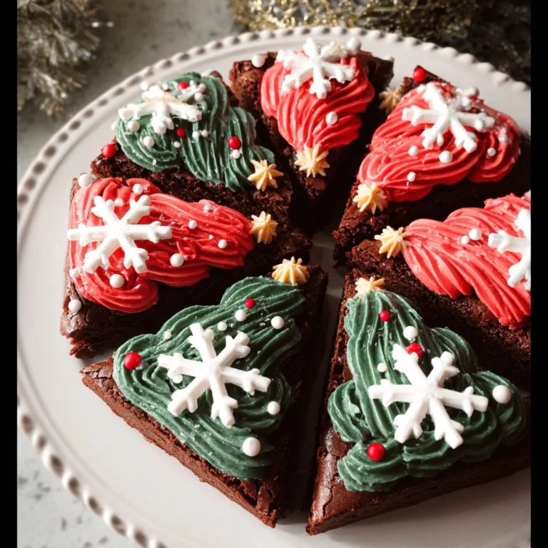 Frosted Christmas brownies with festive decorations on a holiday table.