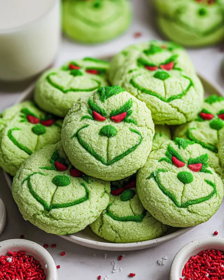 Festive Grinch Cookies decorated with green icing and red accents, perfect for the holidays.