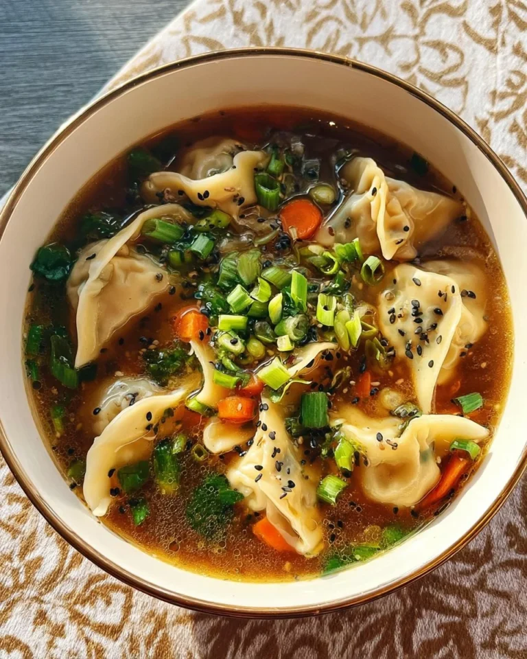 Delicious bowl of homemade Potsticker Soup with dumplings and vegetables.