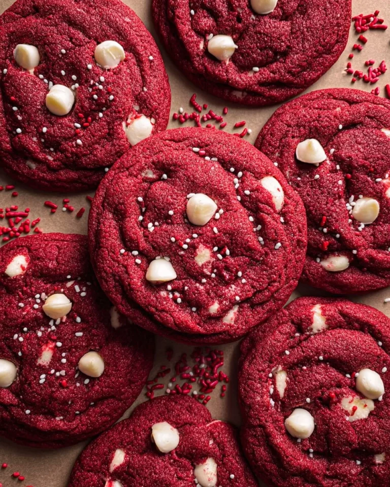 Delicious Red Velvet Cookies displayed on a white plate with icing.