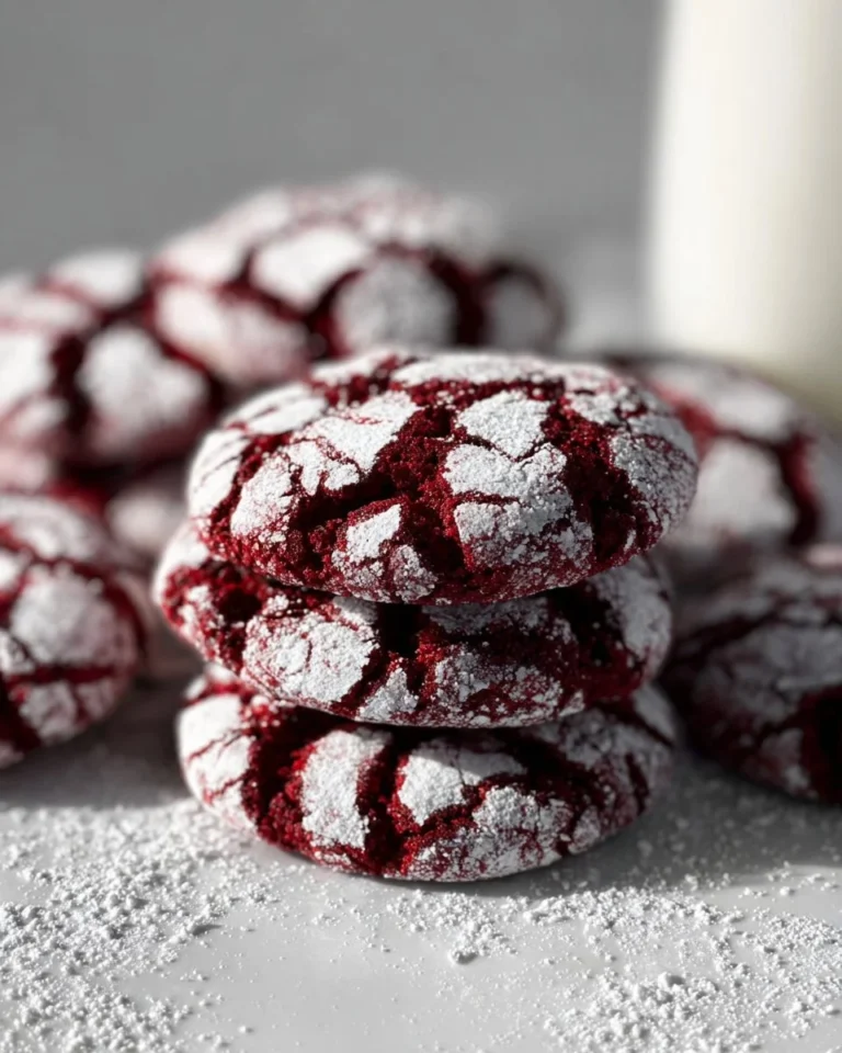 Delicious Red Velvet Crinkle Cookies with a soft texture and powdered sugar coating.