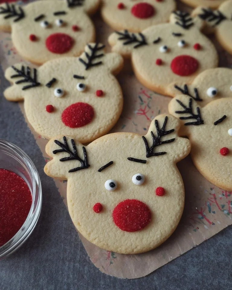 Decorated Rudolph the Red-Nosed Reindeer sugar cookies on a festive background.