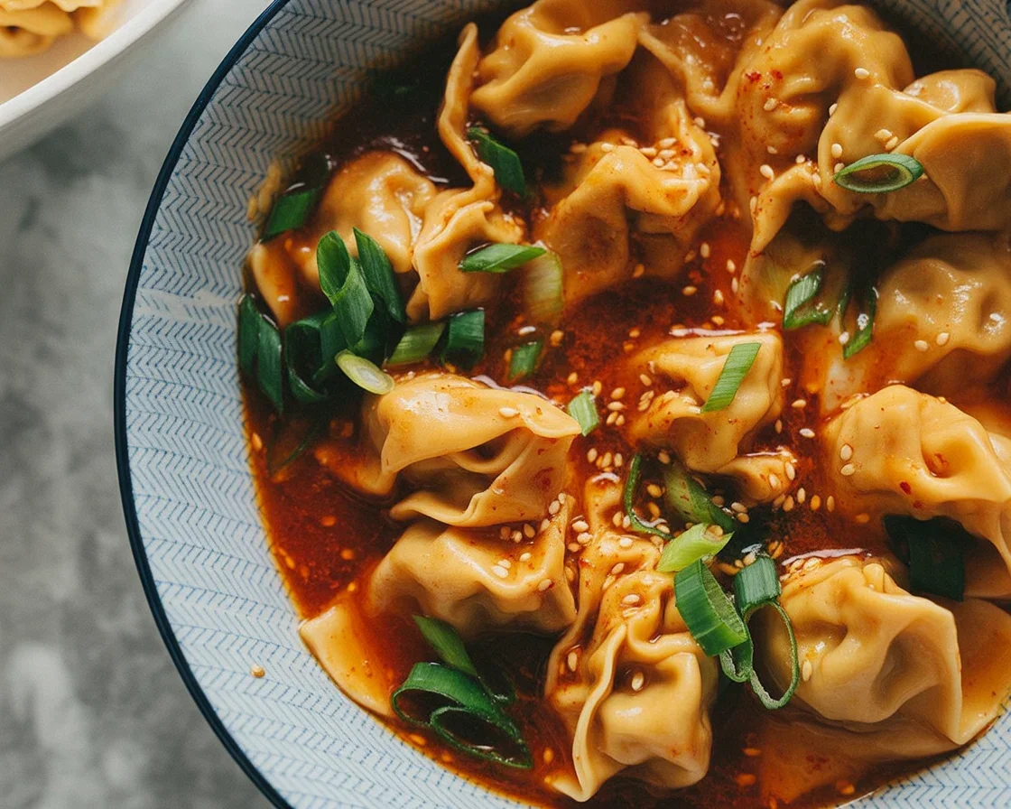 Delicious Chicken Wontons in Spicy Chili Sauce garnished with sesame and chili oil