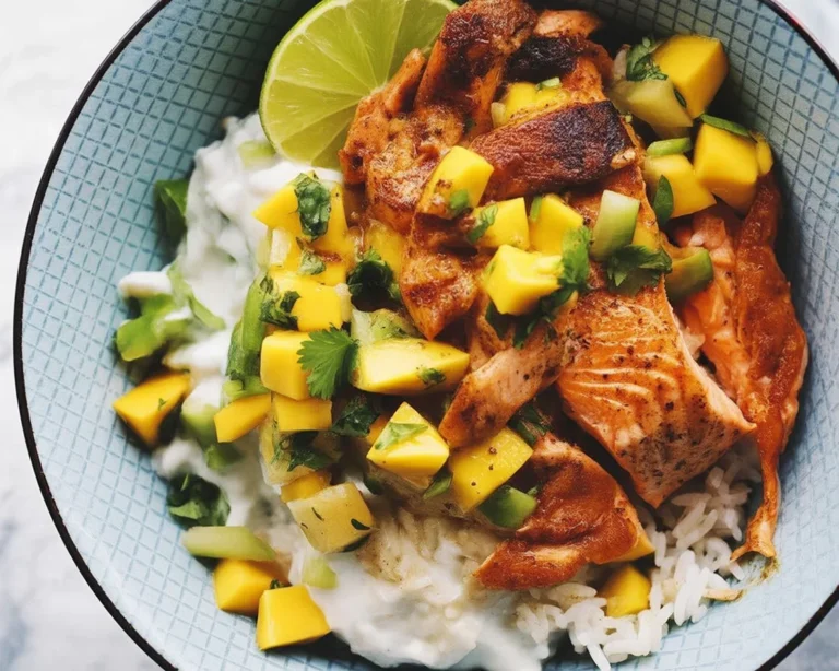 BBQ Salmon Bowls topped with Mango Avocado Salsa and served over rice