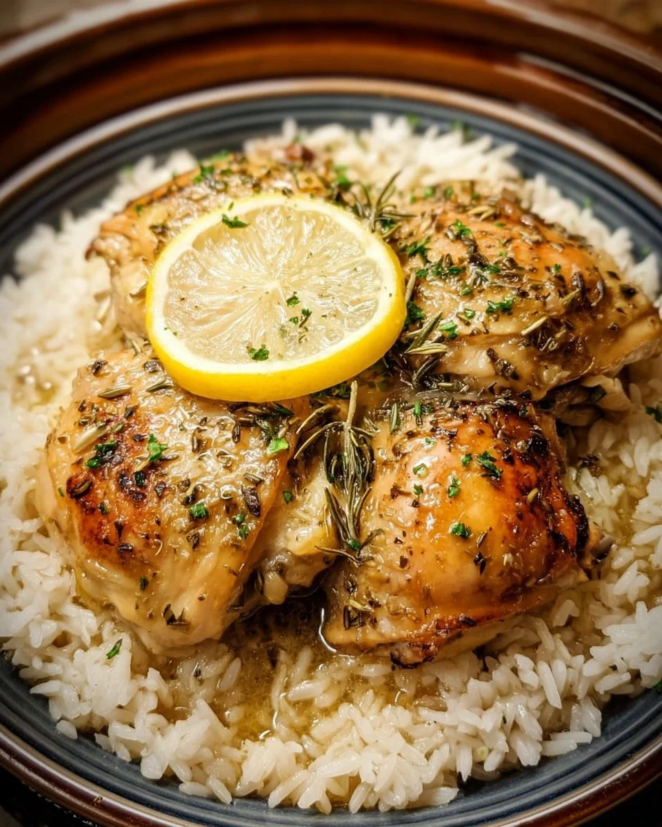 Slow Cooker Lemon Herb Chicken served with fluffy rice on a plate