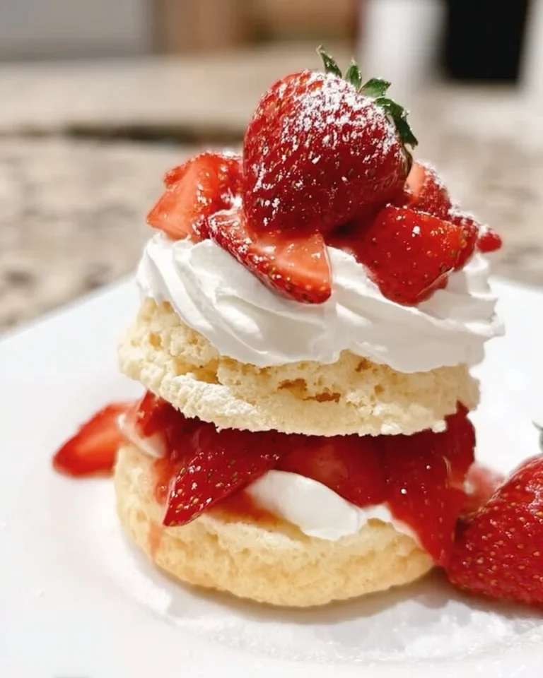 Homemade strawberry shortcake dessert with fresh strawberries and whipped cream