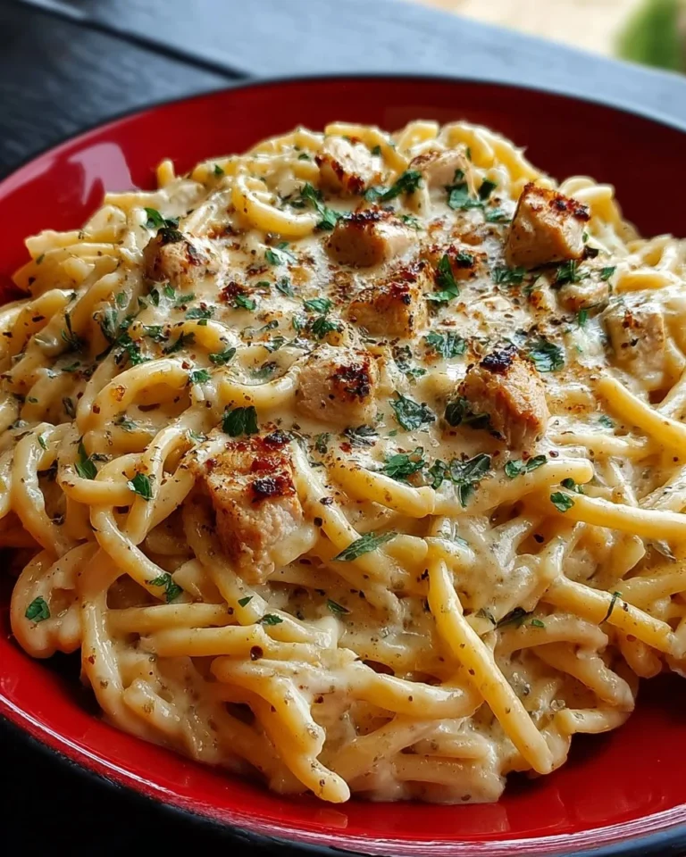 Crockpot garlic parmesan chicken pasta served in a bowl with fresh herbs