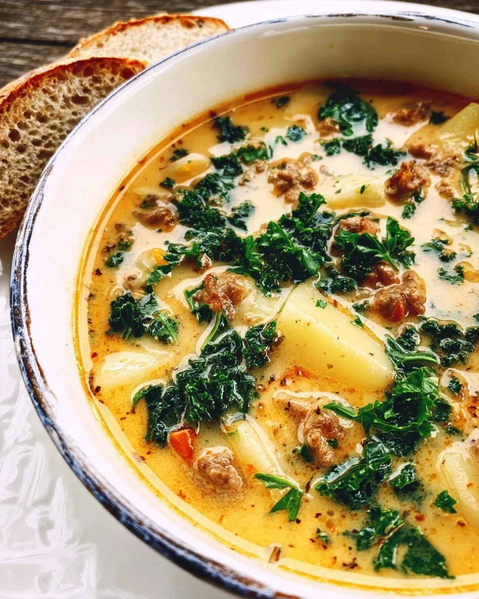 A bowl of hearty Tuscan Soup filled with vegetables and herbs.
