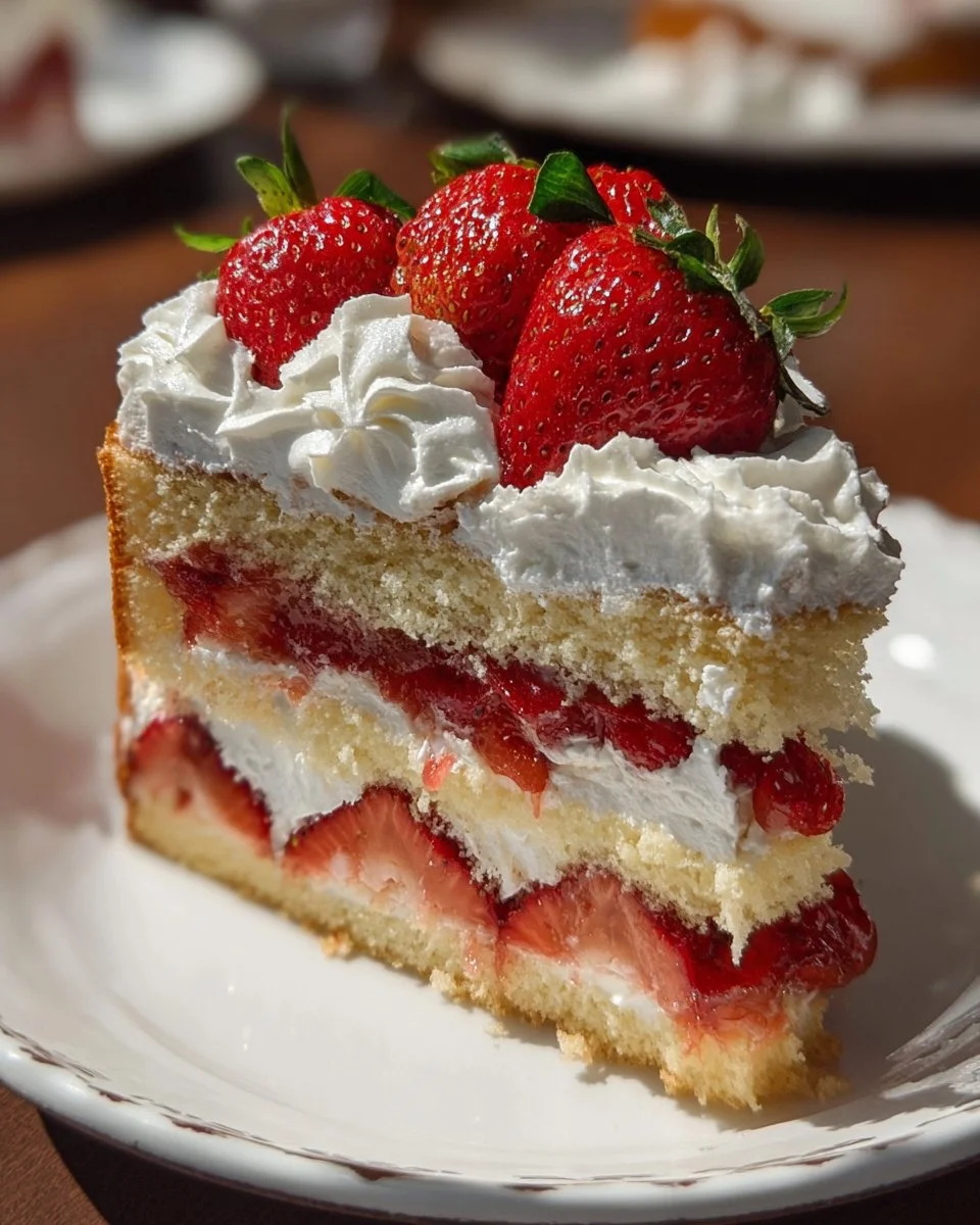 Delicious strawberry shortcake beautifully presented on a dessert plate.