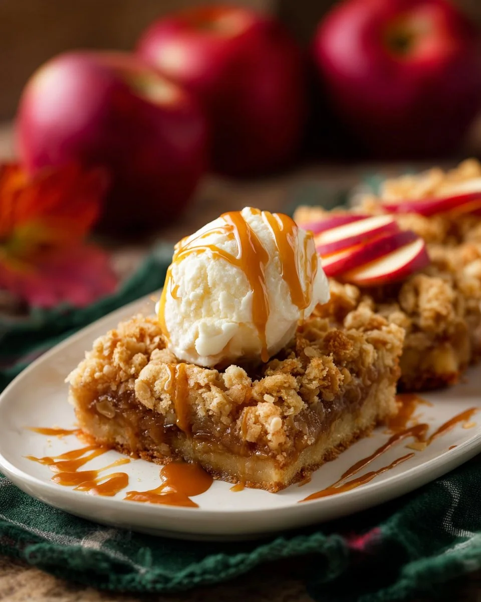 Delicious homemade apple pie bars topped with a sprinkle of cinnamon.