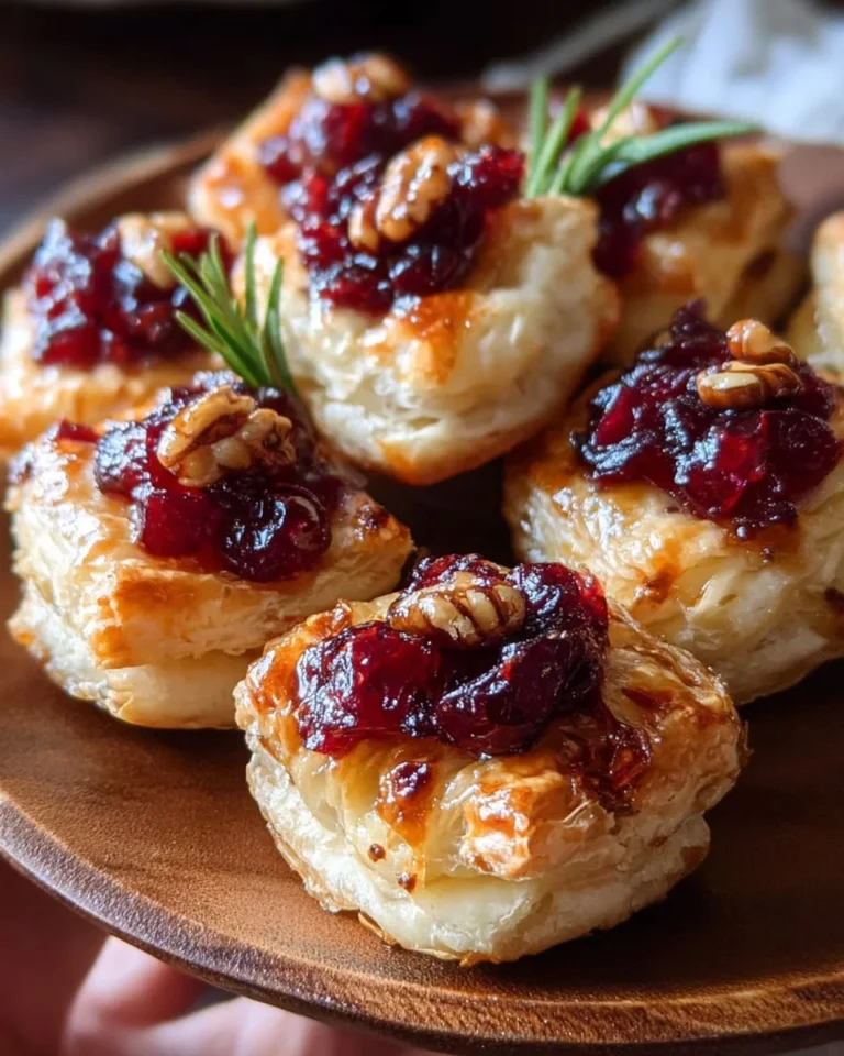 Plate of Baked Cranberry Brie Bites garnished with herbs and cranberries