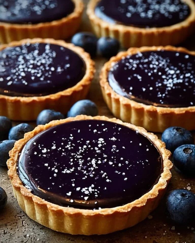 Blueberry tart topped with white chocolate ganache on a wooden table