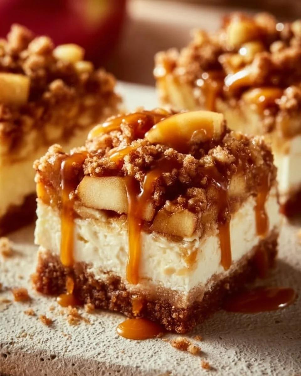 Delicious caramel apple cheesecake bars served on a plate with caramel drizzle