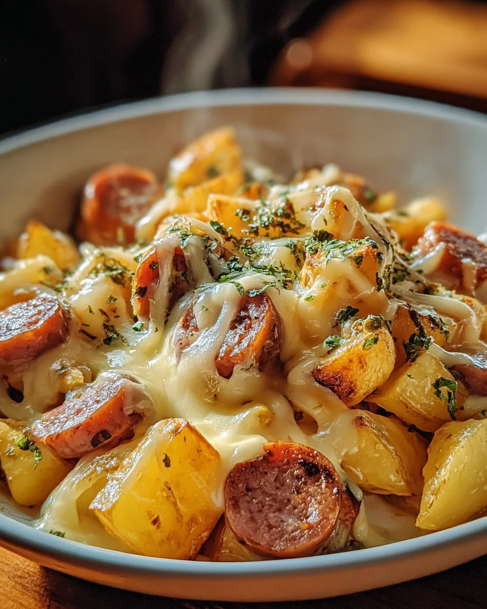Cheesy ranch potatoes with smoked sausage in a casserole dish