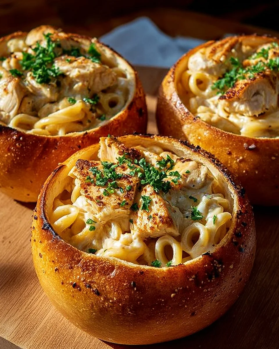 Delicious Chicken Alfredo served in crispy garlic bread bowls