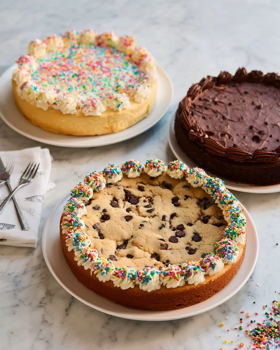 Delicious Chocolate Chip Cookie Cake topped with chocolate chips and served on a plate.