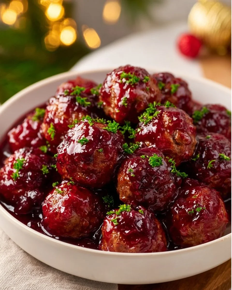 Plate of Christmas Cranberry Meatballs garnished with herbs.