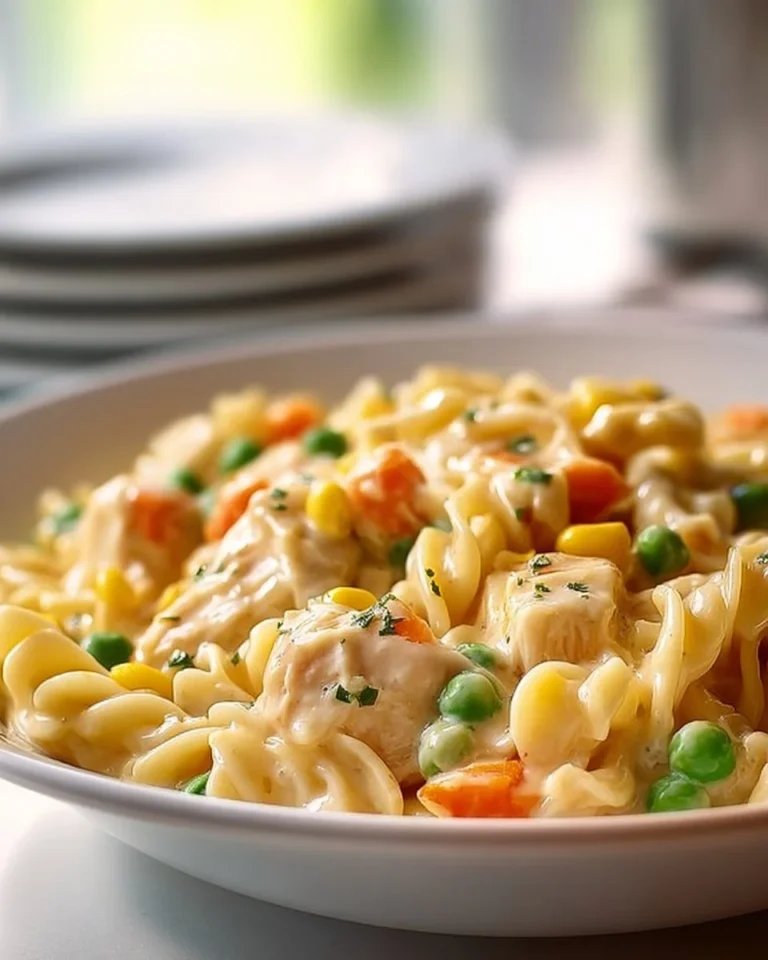 Classic Chicken Pot Pie Pasta served in a bowl with fresh herbs on top