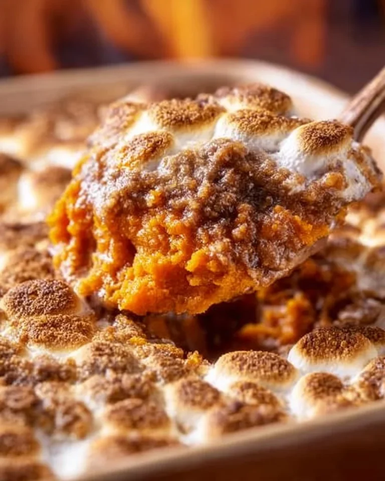 Delicious classic sweet potato casserole topped with pecans and marshmallows