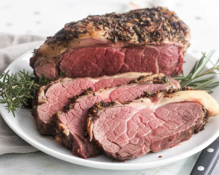 Roast New York Strip Loin with garlic-herb crust served on a platter.