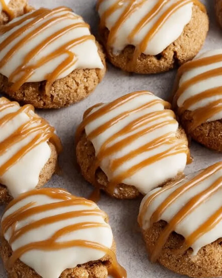 Copycat Crumbl Salted Caramel Cheesecake Cookies with caramel drizzle
