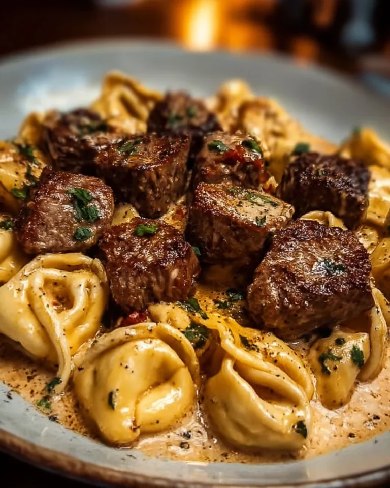Delicious Garlic Steak Tortellini topped with Creamhouse sauce