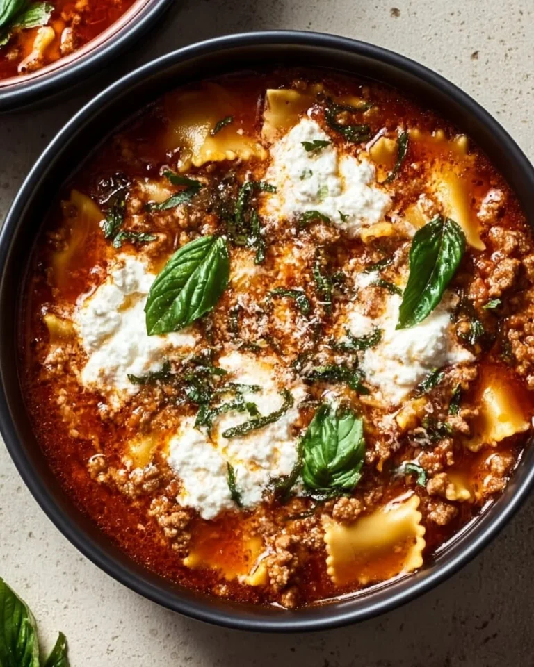 Bowl of hearty Crockpot Lasagna Soup topped with cheese and herbs