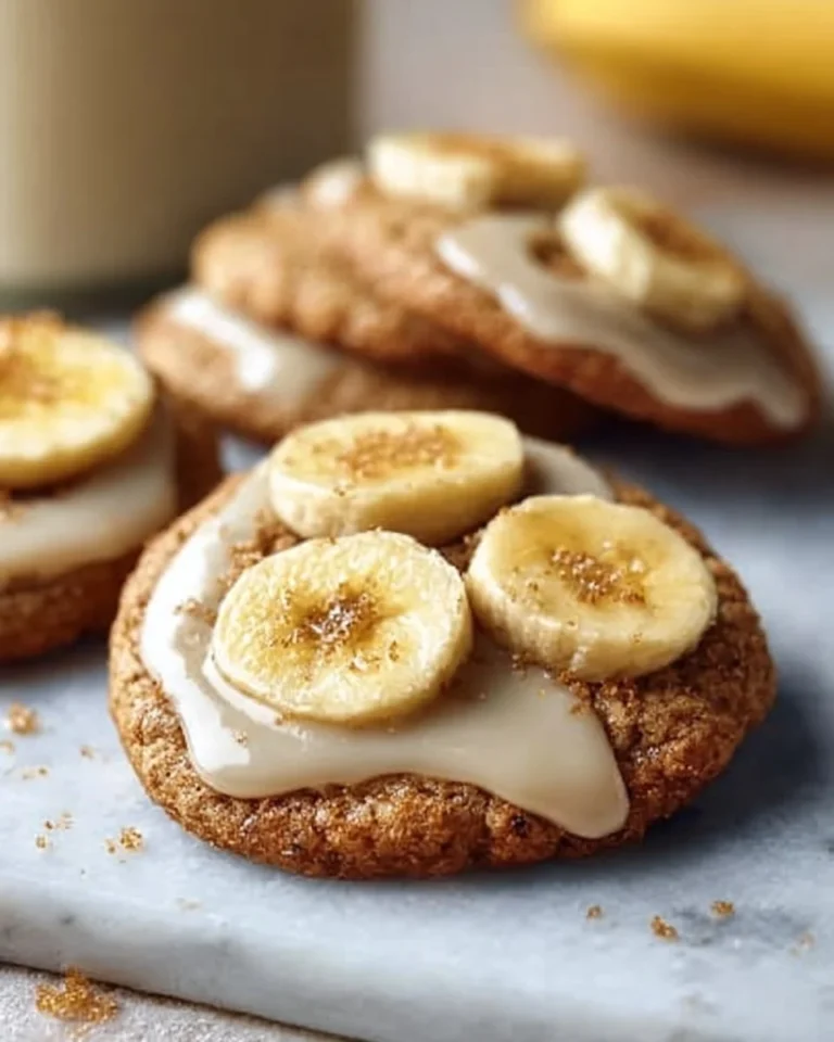 Crumbl banana bread cookies topped with cream cheese glaze