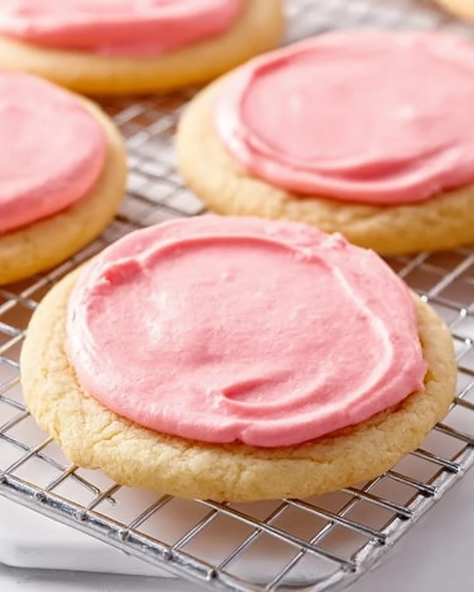 Delicious pink sugar cookies from Crumbl, topped with frosting and sprinkles.