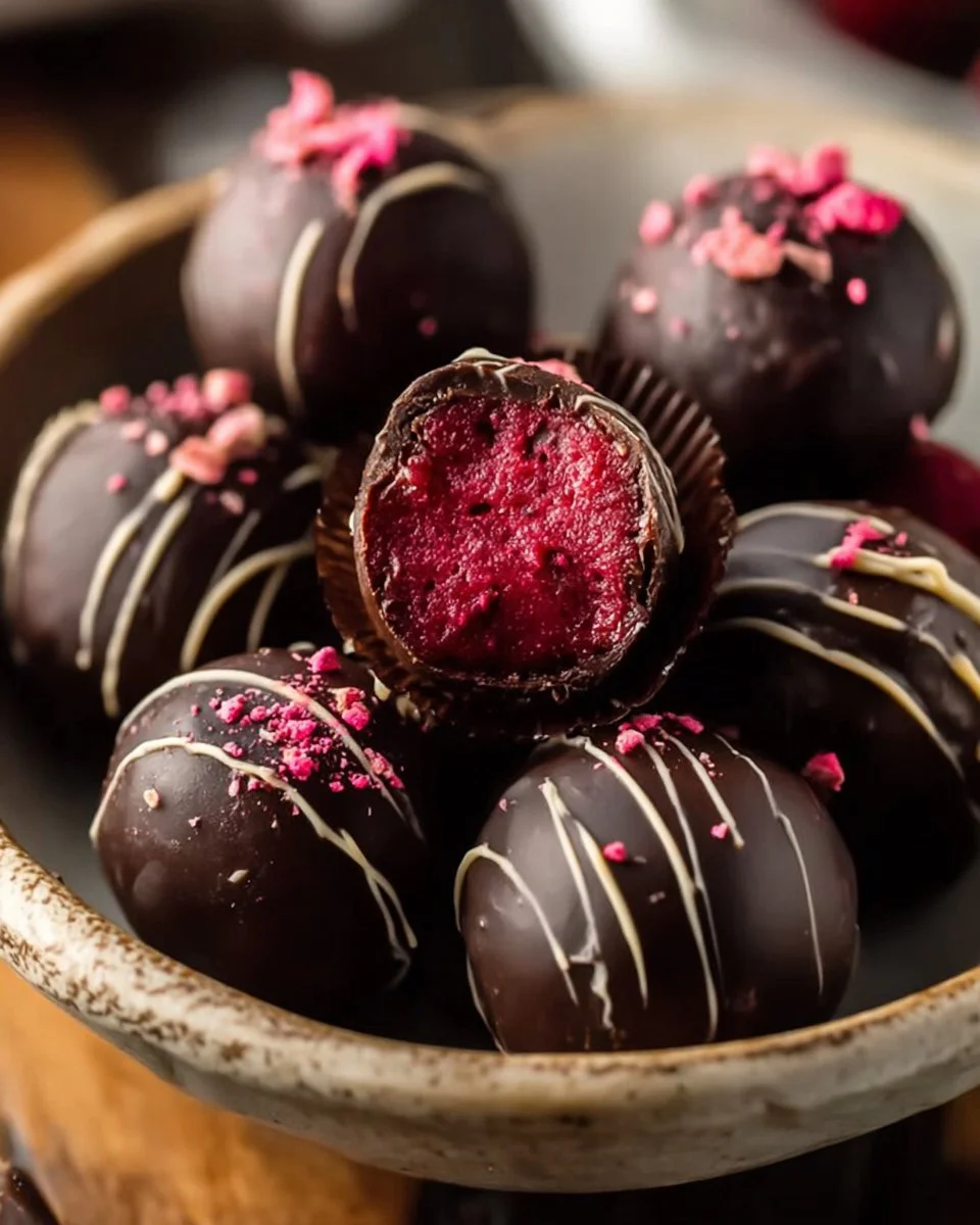 Guiltless raspberry almond truffles on a decorative plate